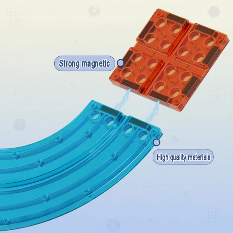 Orange magnetic tile undersides and a blue curved track piece
