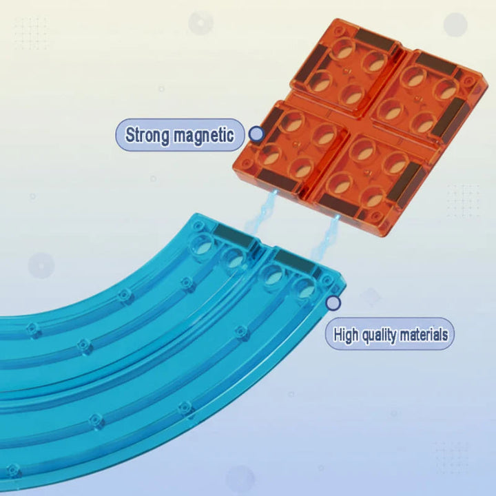 Orange magnetic tile undersides and a blue curved track piece