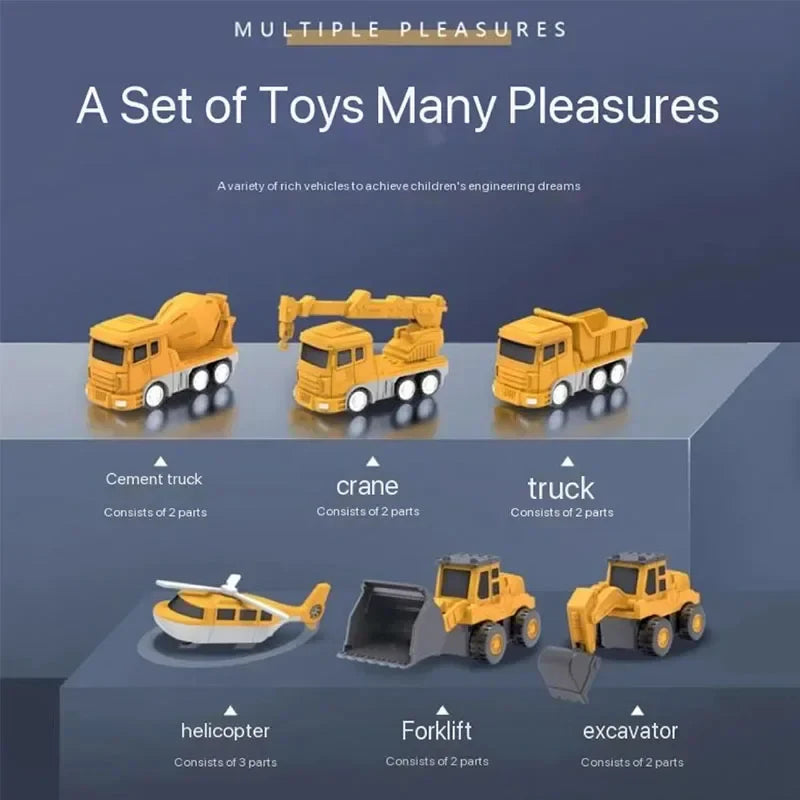 Magnetic vehicle builds shown as a mixer truck, crane truck, dump truck, helicopter, loader and excavator.