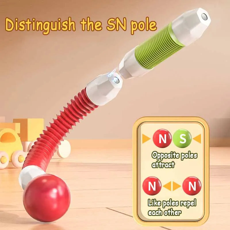 Close-up of magnetic tube ends and a diagram of attracting and repelling poles