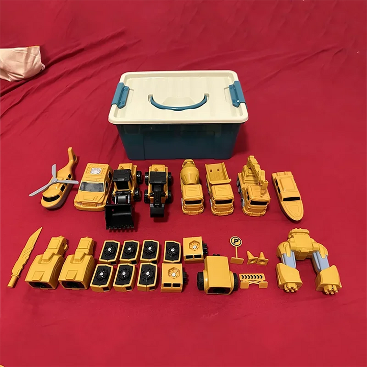 Yellow vehicle parts and accessories laid out beside a handled storage box on red fabric.