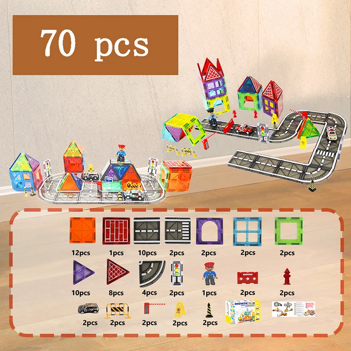 70-piece magnetic village set with colorful buildings, road layouts, and an illustrated parts guide