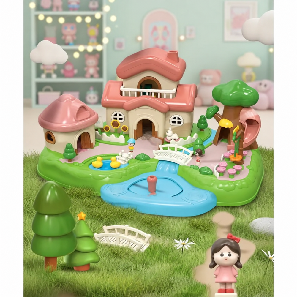 Magnetic village playset with a pink-roofed house, duck pond, bridge and blue control area