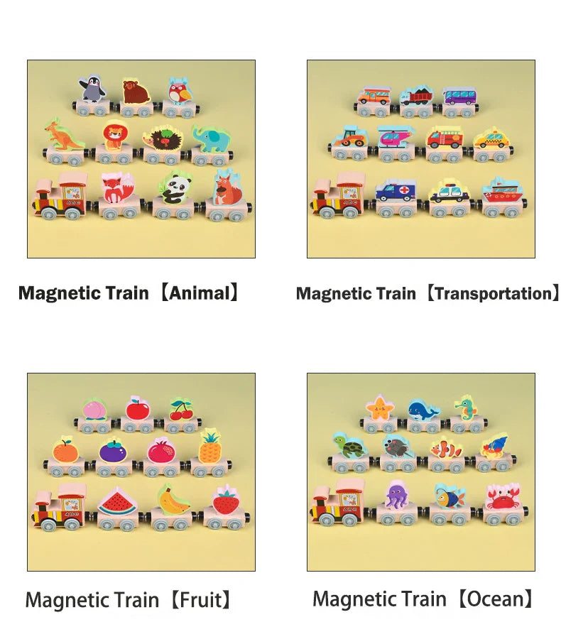 Animal, transportation, fruit, and ocean designs of the wooden magnetic train