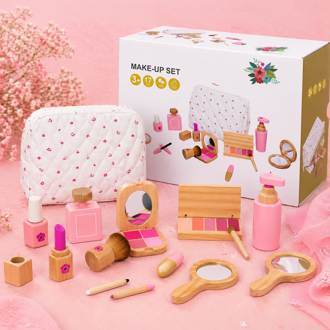 Wooden makeup play set displayed with its patterned storage bag and retail box