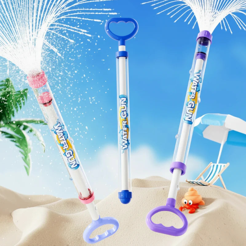 Three pump water guns with blue, pink, and purple trim in a beach-themed display.