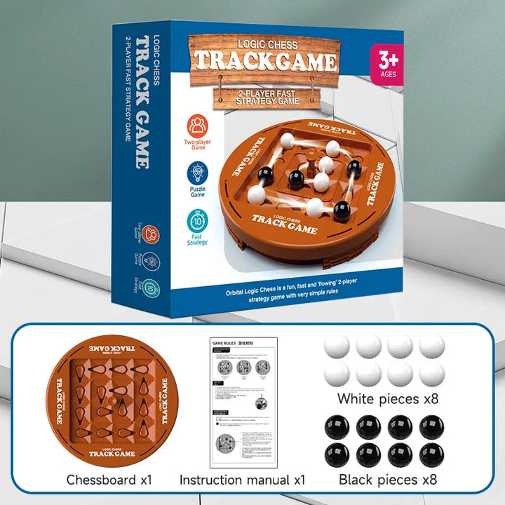 Box contents showing one board, one instruction manual, eight white marbles, and eight black marbles