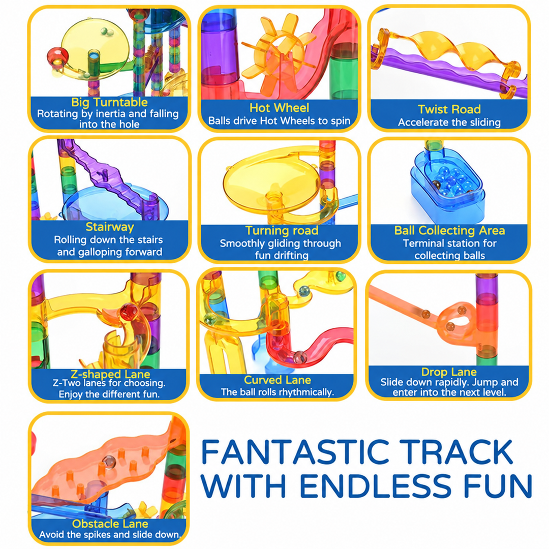 Guide to marble track parts, including funnels, wheels, stairs, turns, and collection areas