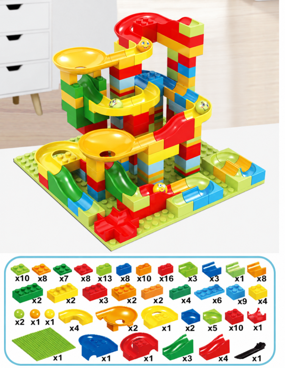 Assembled block marble run above a chart of the included building and track pieces
