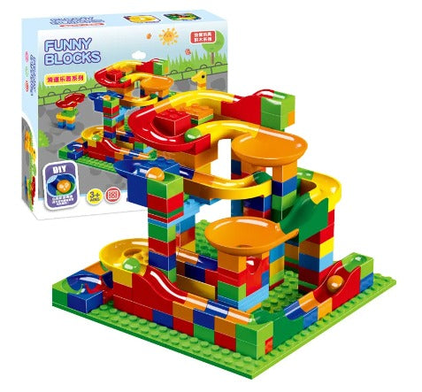 Colorful marble run building set displayed beside its box