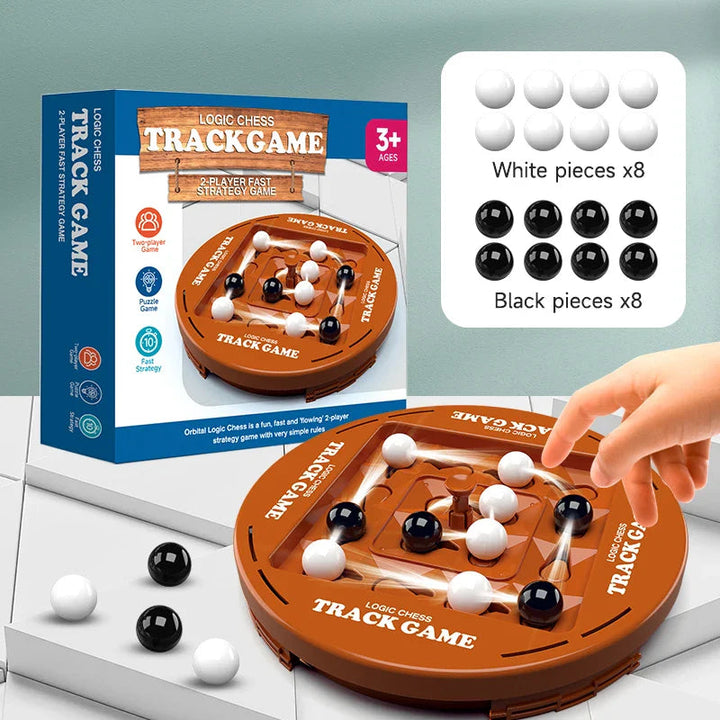 Rotating game board beside its box, with eight white marbles and eight black marbles shown