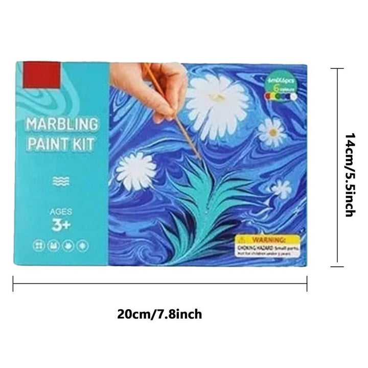Marbling paint kit box with measurements of 20 cm wide and 14 cm high