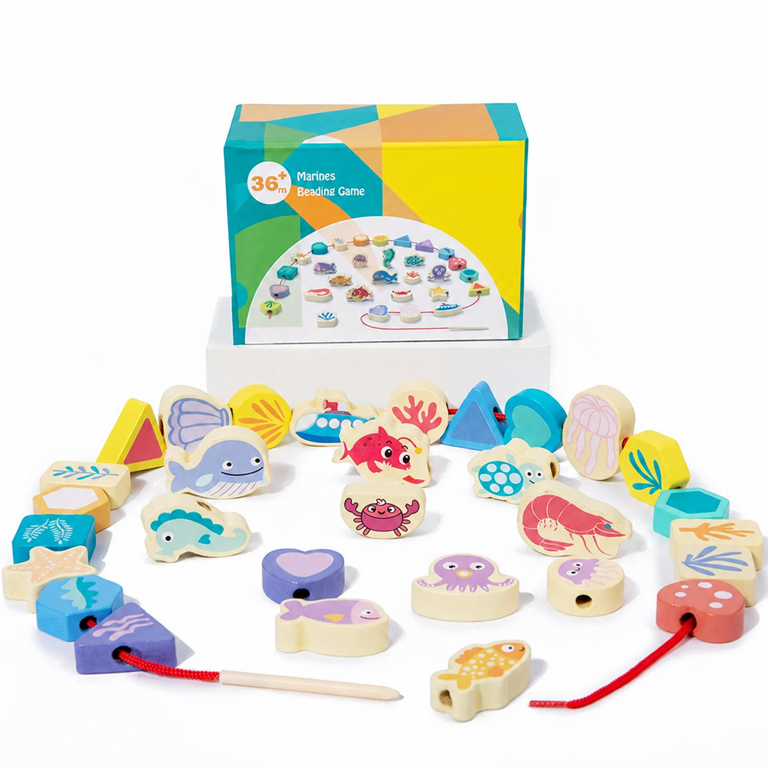Marine animal wooden beads with geometric shapes, a red cord, wooden threading tip, and box.
