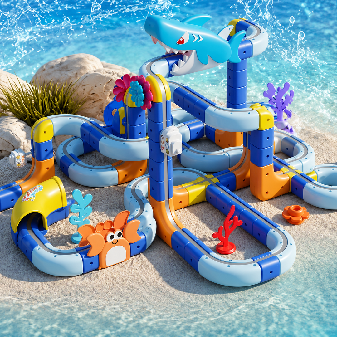 Marine World 117-piece train set with layered tracks, sea animals, and a shark decoration