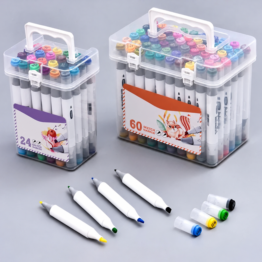 Two handled marker cases beside uncapped markers and color-coded caps