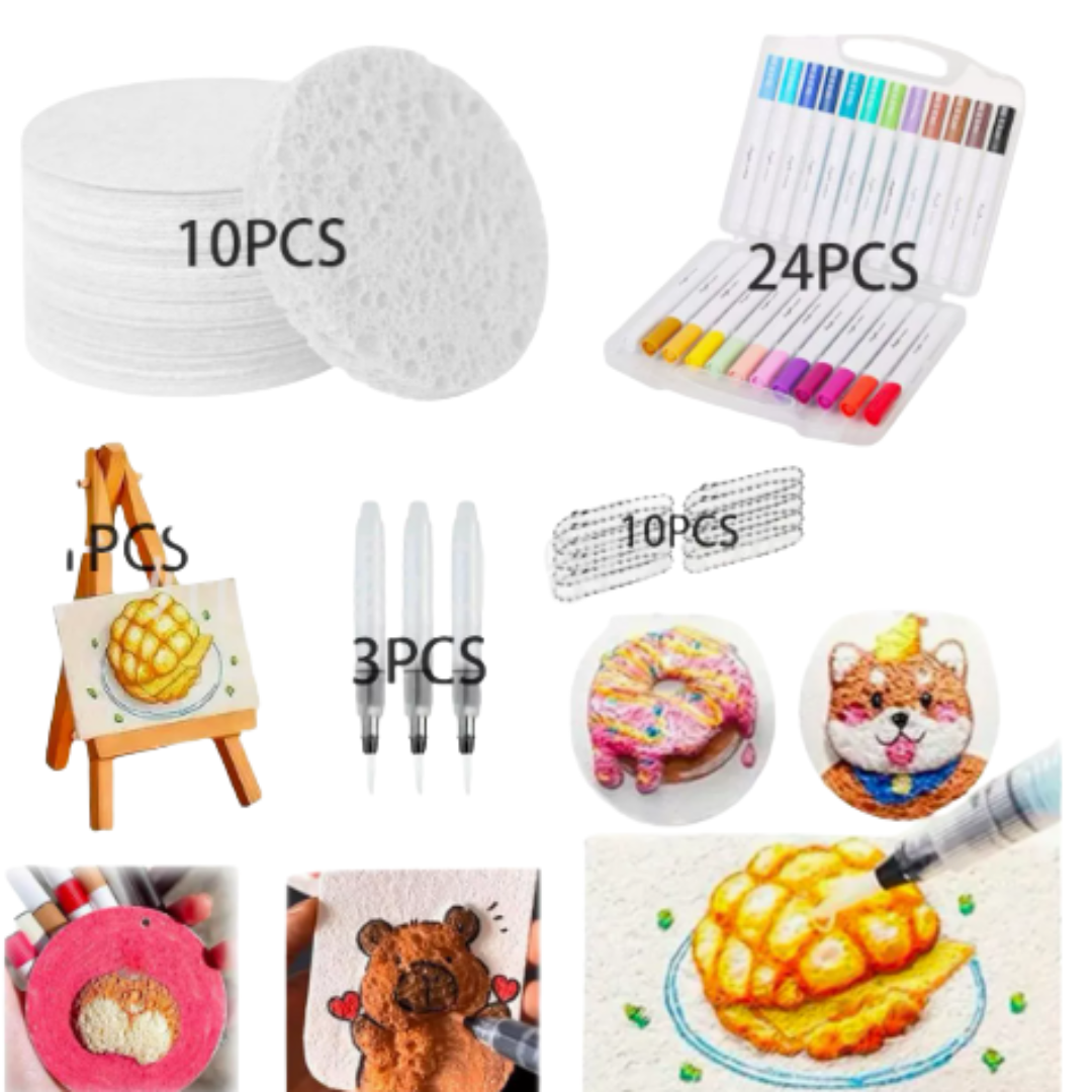 Set layout with 24 markers, 10 sponge sheets, three water brushes, 10 stencils, and a mini easel