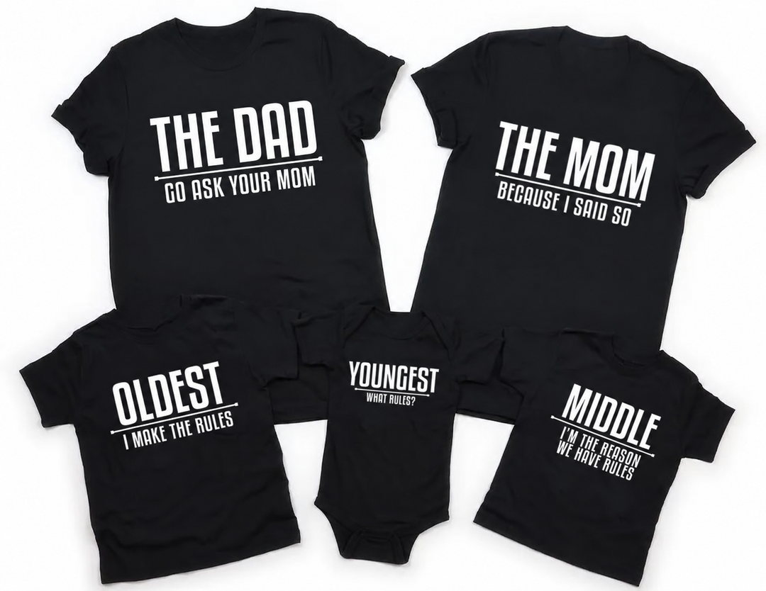 Coordinating black family tops with white lettering for Mom, Dad, Oldest, Middle, and Youngest.