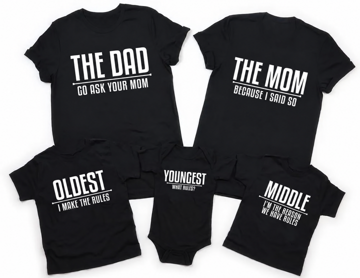 Coordinating black family tops with white lettering for Mom, Dad, Oldest, Middle, and Youngest.