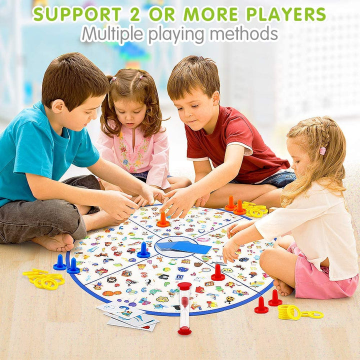 Four children playing the picture-matching board game together on the floor