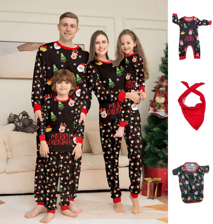 Matching black Christmas pajamas for adults and children with baby and dog styles shown beside them