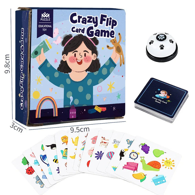 Game box measuring 9.8 by 9.5 by 3 cm, shown with cards and a bell
