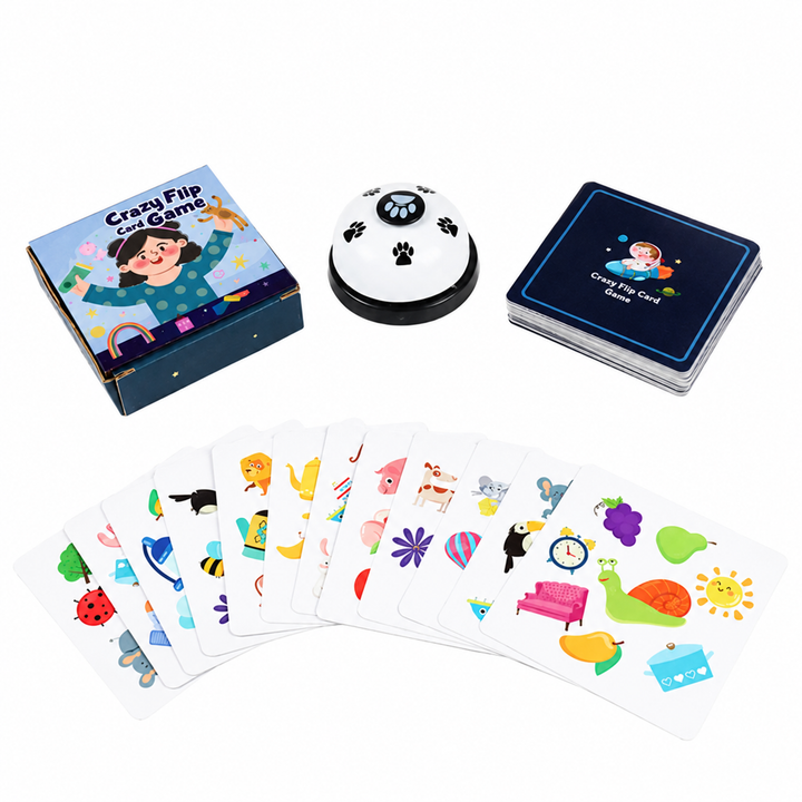 Matching game box, bell and a fan of colorful picture cards