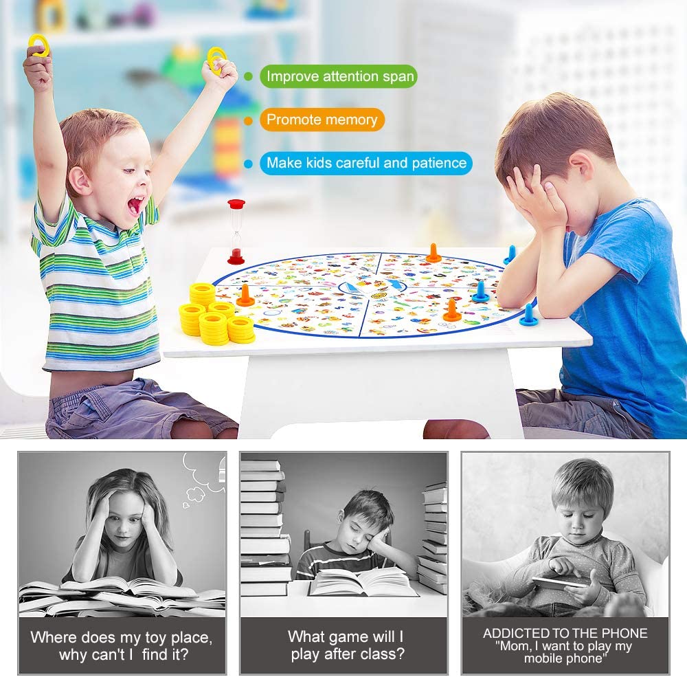 Two children at a table with the picture-matching board game and yellow detective rings