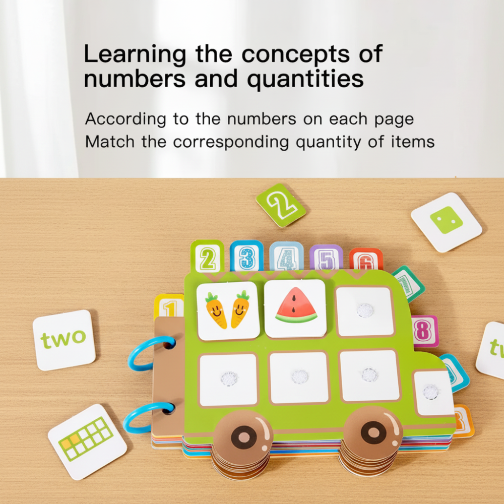 Number-two activity page with fruit pictures and loose tiles showing the word two and quantity patterns.