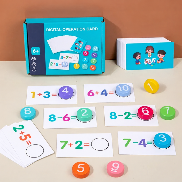 Math card set with colorful wooden number tokens and a turquoise storage box