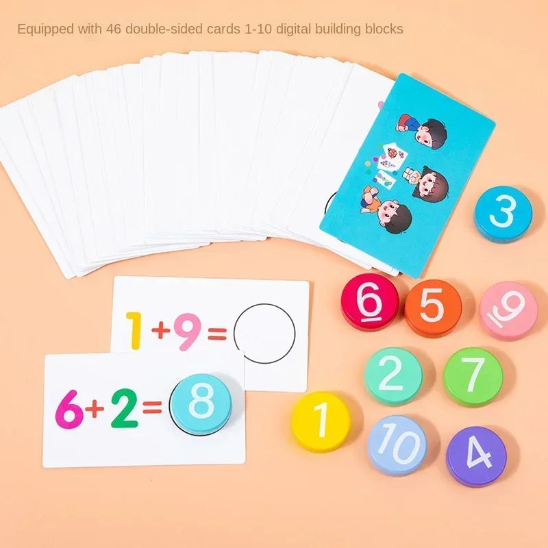Stack of math cards with ten colorful number tokens and illustrated card backs