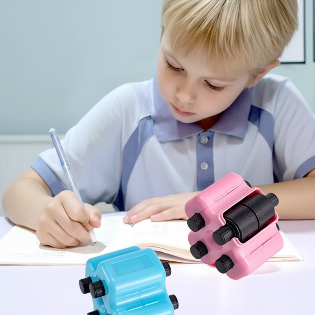 Child writing at a desk with blue and pink math stamps shown in the foreground.