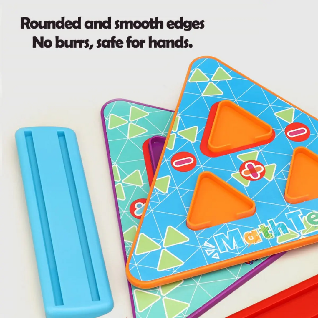Close-up of triangular math game boards and a blue card holder