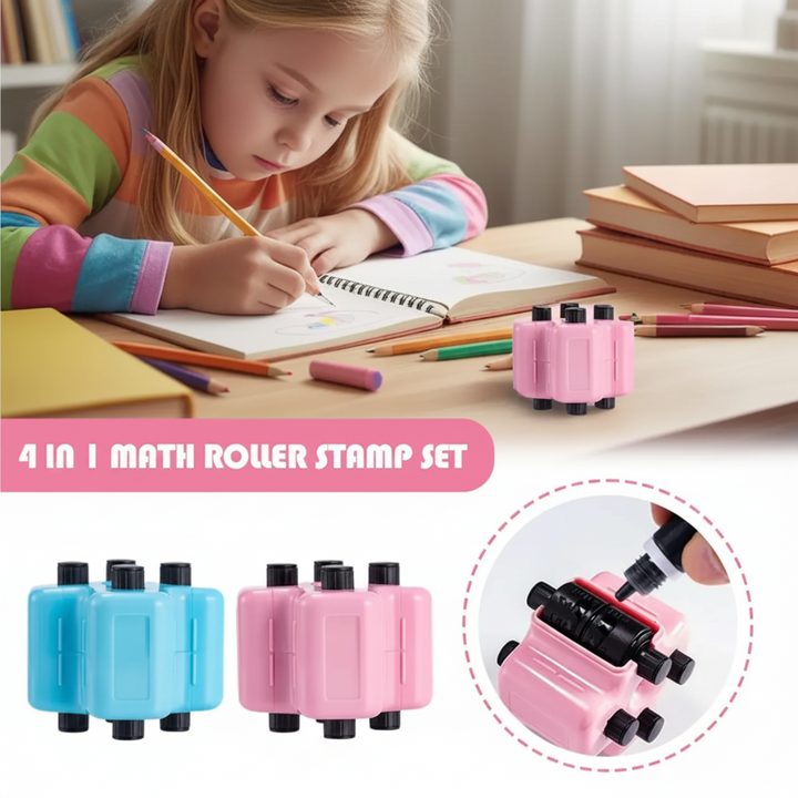 Math practice scene with blue and pink roller stamps and a close-up of adding ink.