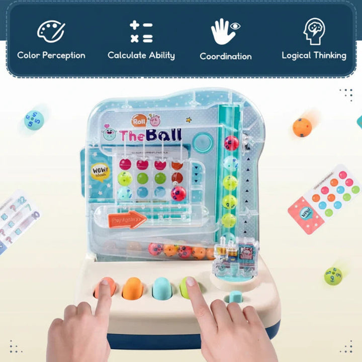 Hands operating the colored buttons beneath a clear counting-ball track