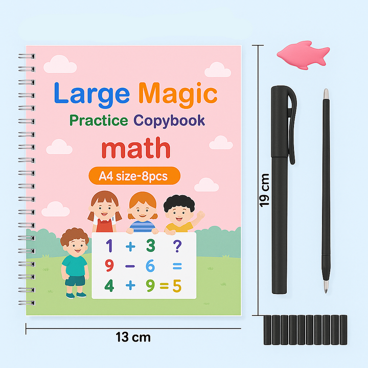 Math workbook shown with writing accessories and measurements of 13 x 19 cm