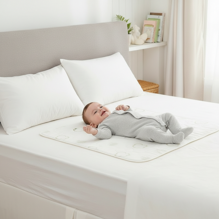 Baby lying on a rectangular mattress protector on a white bed