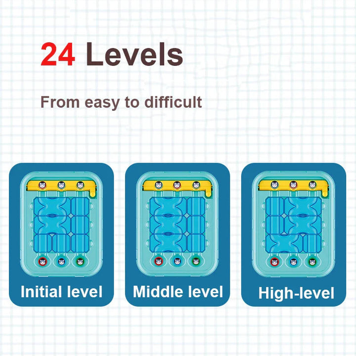 Three maze layouts illustrating 24 challenge levels from easy to difficult