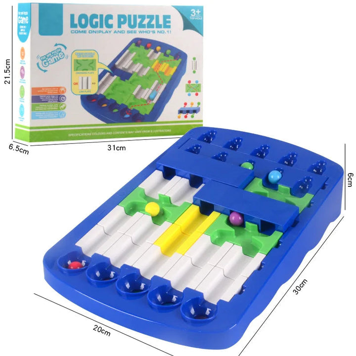 Maze puzzle and packaging with measurements showing a 30 by 20 by 6 cm game board