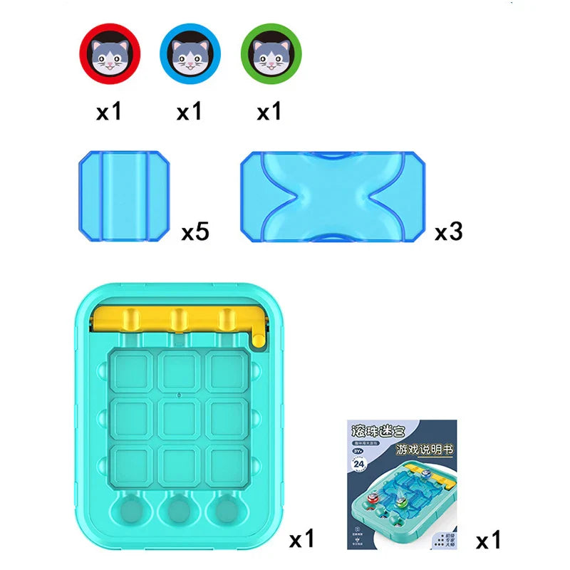 Puzzle contents with a board, five straight tiles, three curved tiles, three cat pieces, and a guide