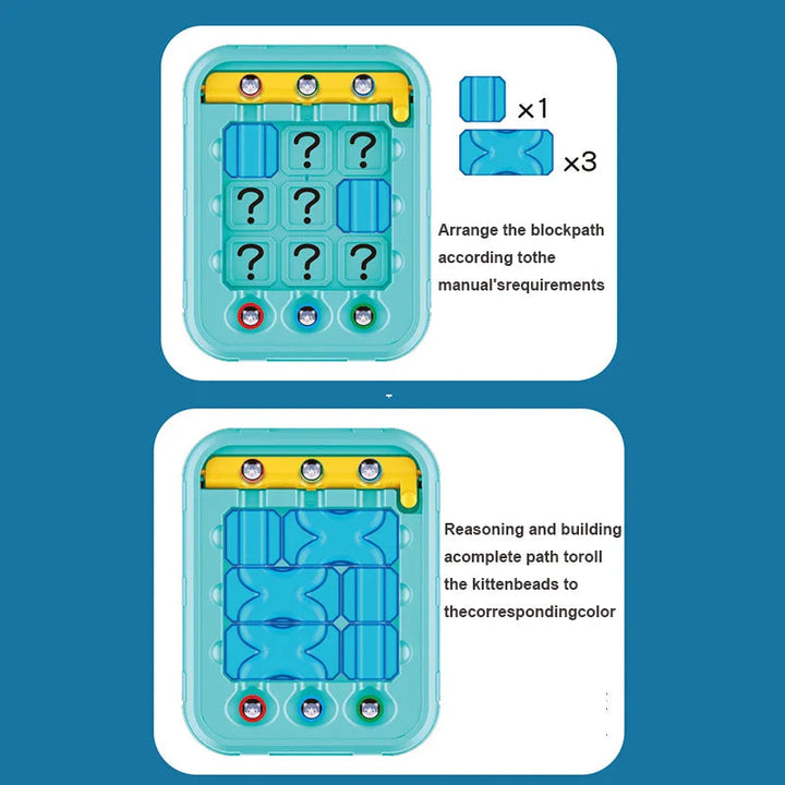 Two-step diagram showing a maze challenge setup and completed paths to matching colored goals