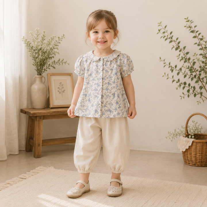 Girl wearing the blue botanical blouse with cream pants and light-colored shoes