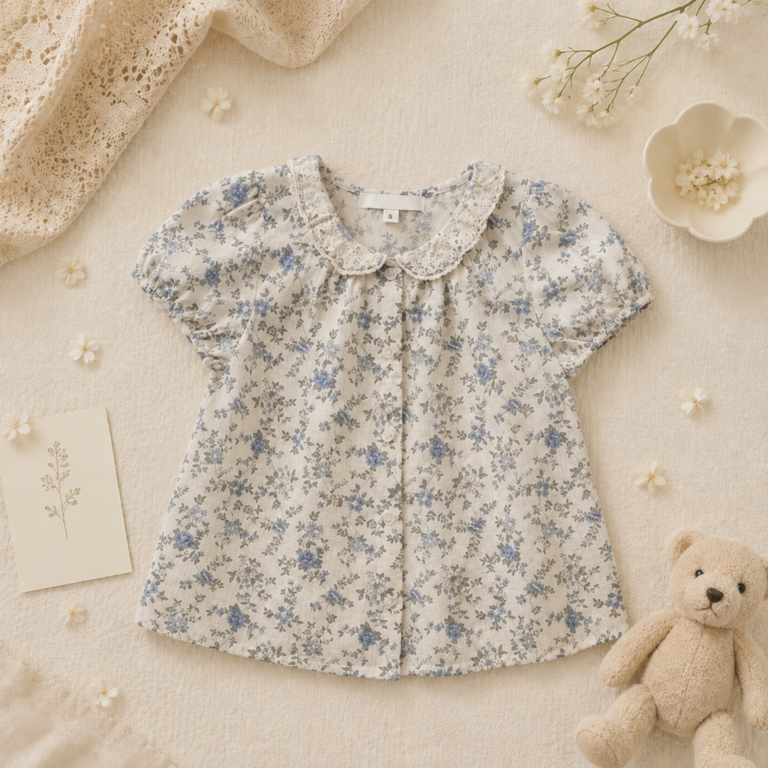 Blue floral cotton blouse laid flat, showing its lace collar, short puff sleeves, and front buttons