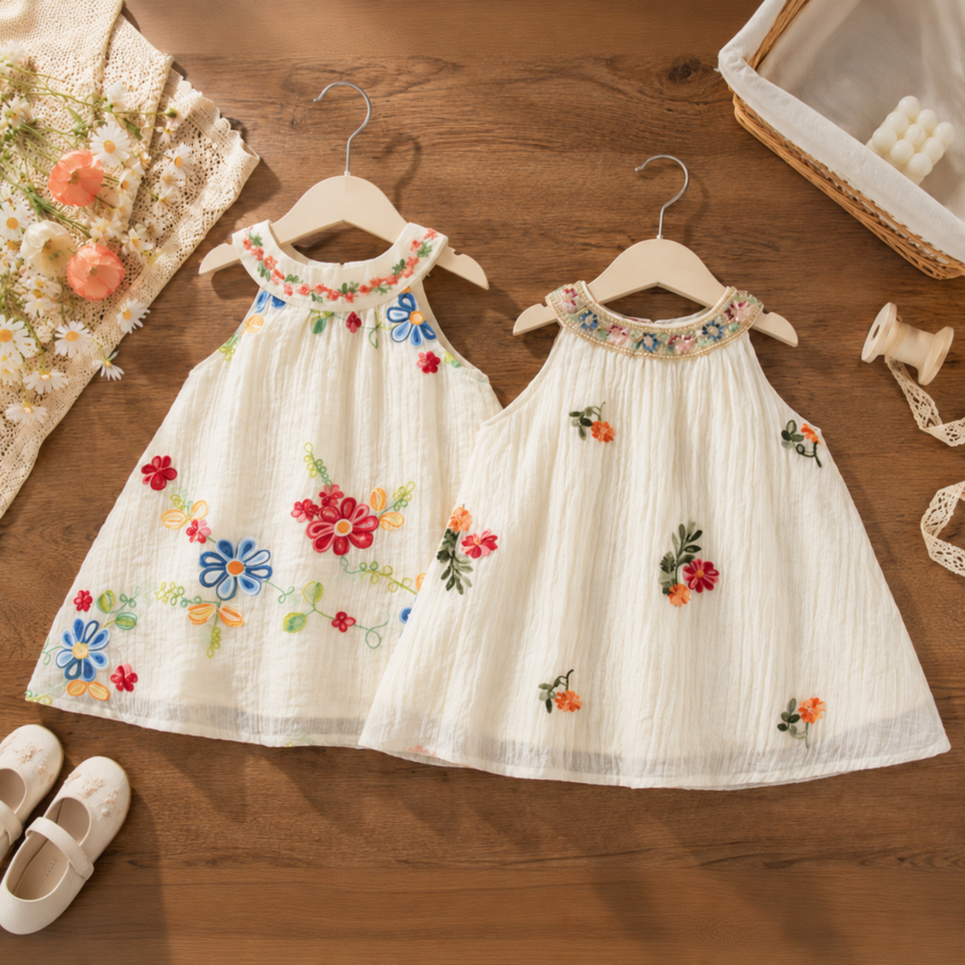 Two cream sleeveless dresses with colorful floral embroidery and rounded collars on wooden hangers