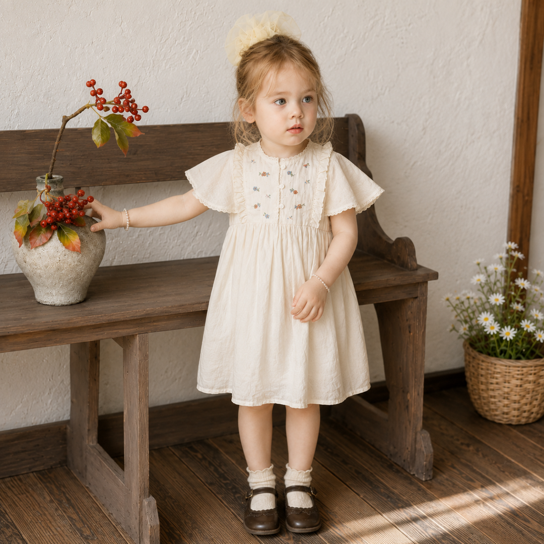 Girl wearing the Meadow Blossom dress with flutter sleeves and an embroidered bodice