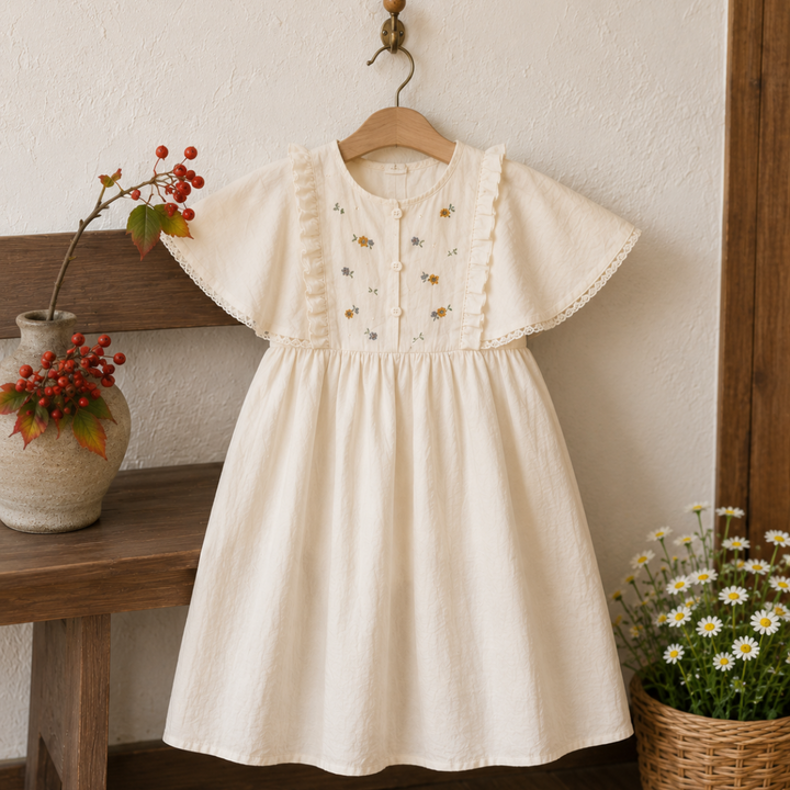 Meadow Blossom dress with flutter sleeves and floral embroidery, hanging from a wooden hanger