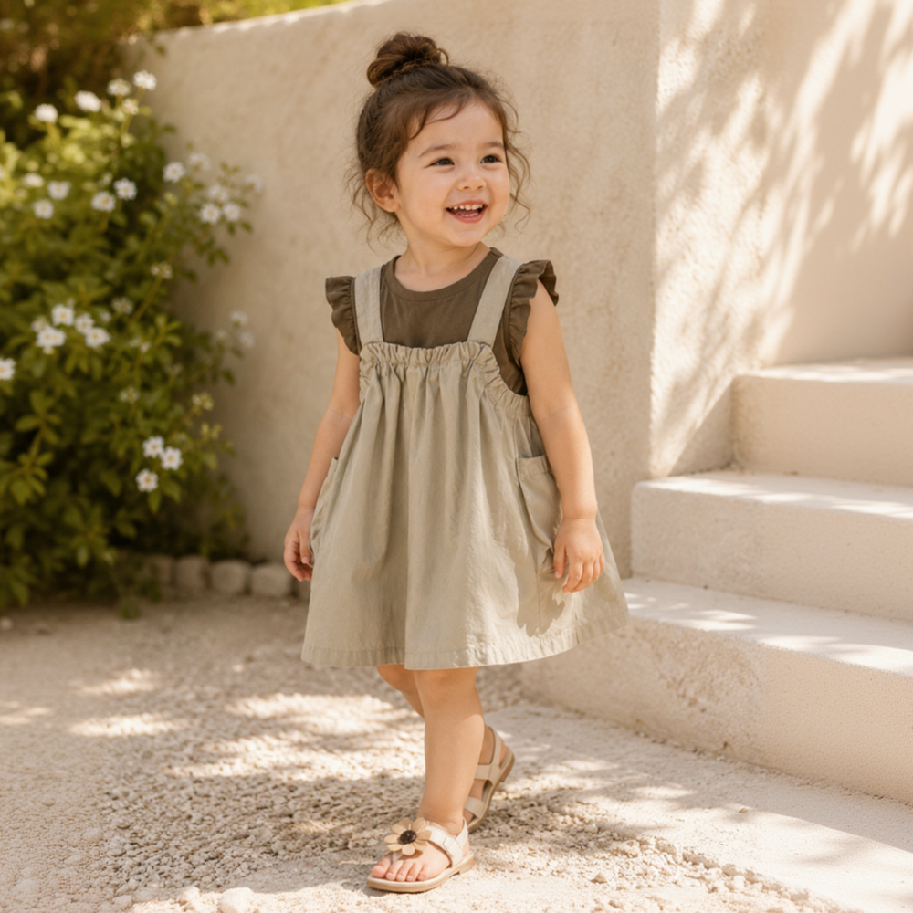 Girl wearing the khaki pinafore dress and olive ruffled top outdoors with sandals