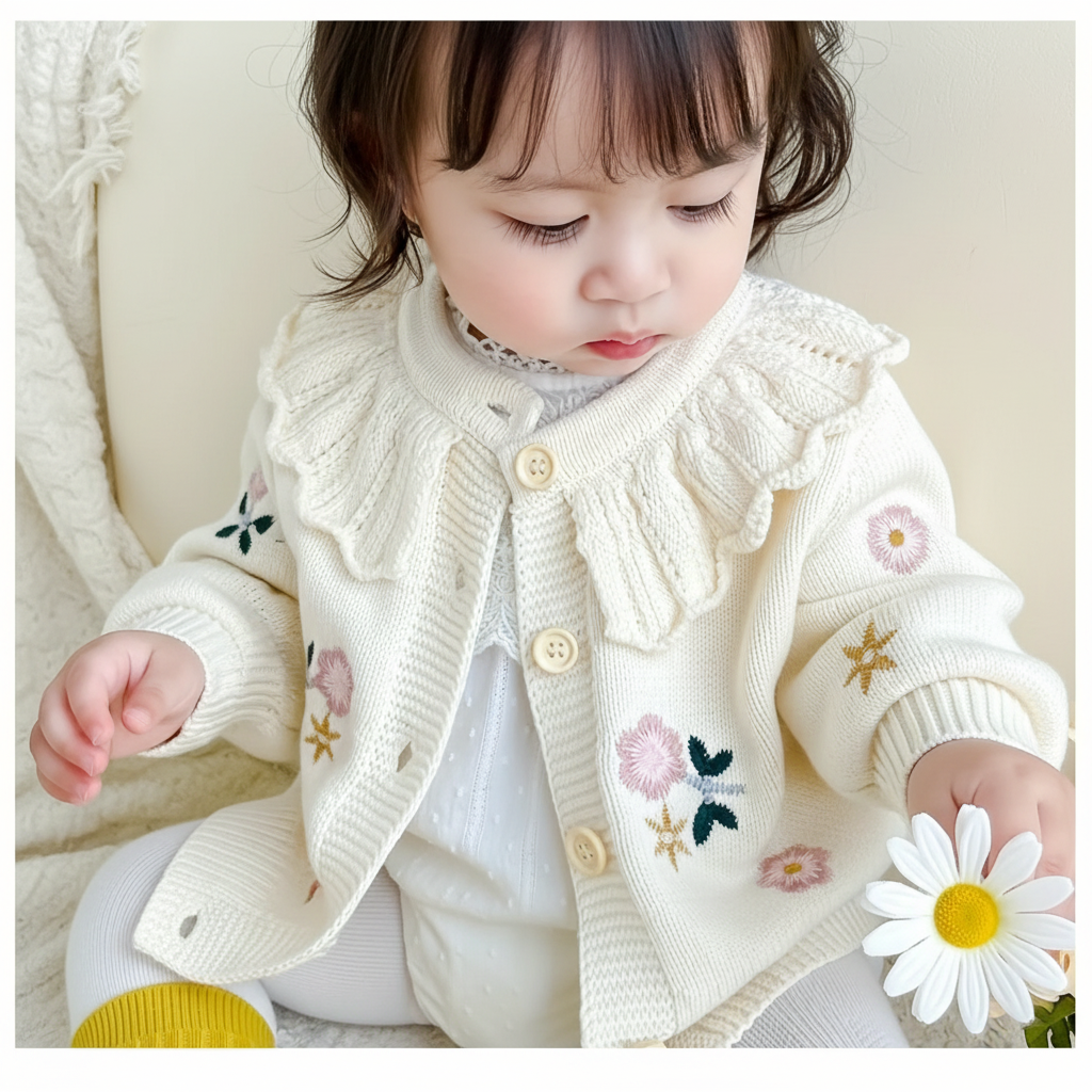 Child wearing the floral cardigan open over a white outfit