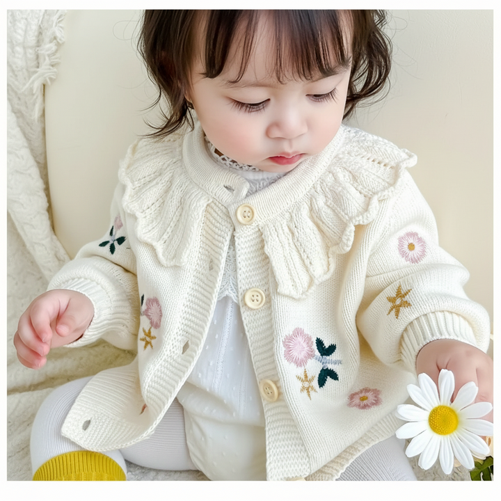 Child wearing the floral cardigan open over a white outfit