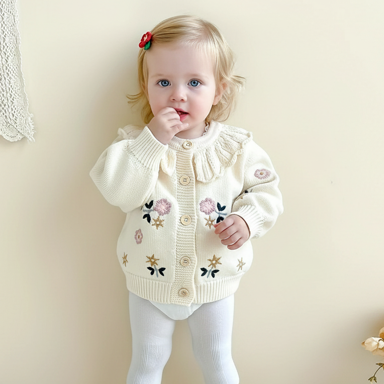 Toddler wearing a cream floral cardigan buttoned over a white outfit