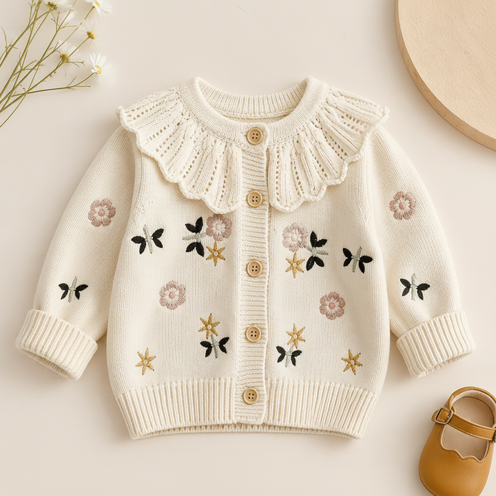 Front view of a cream knit cardigan with floral embroidery and a ruffled collar